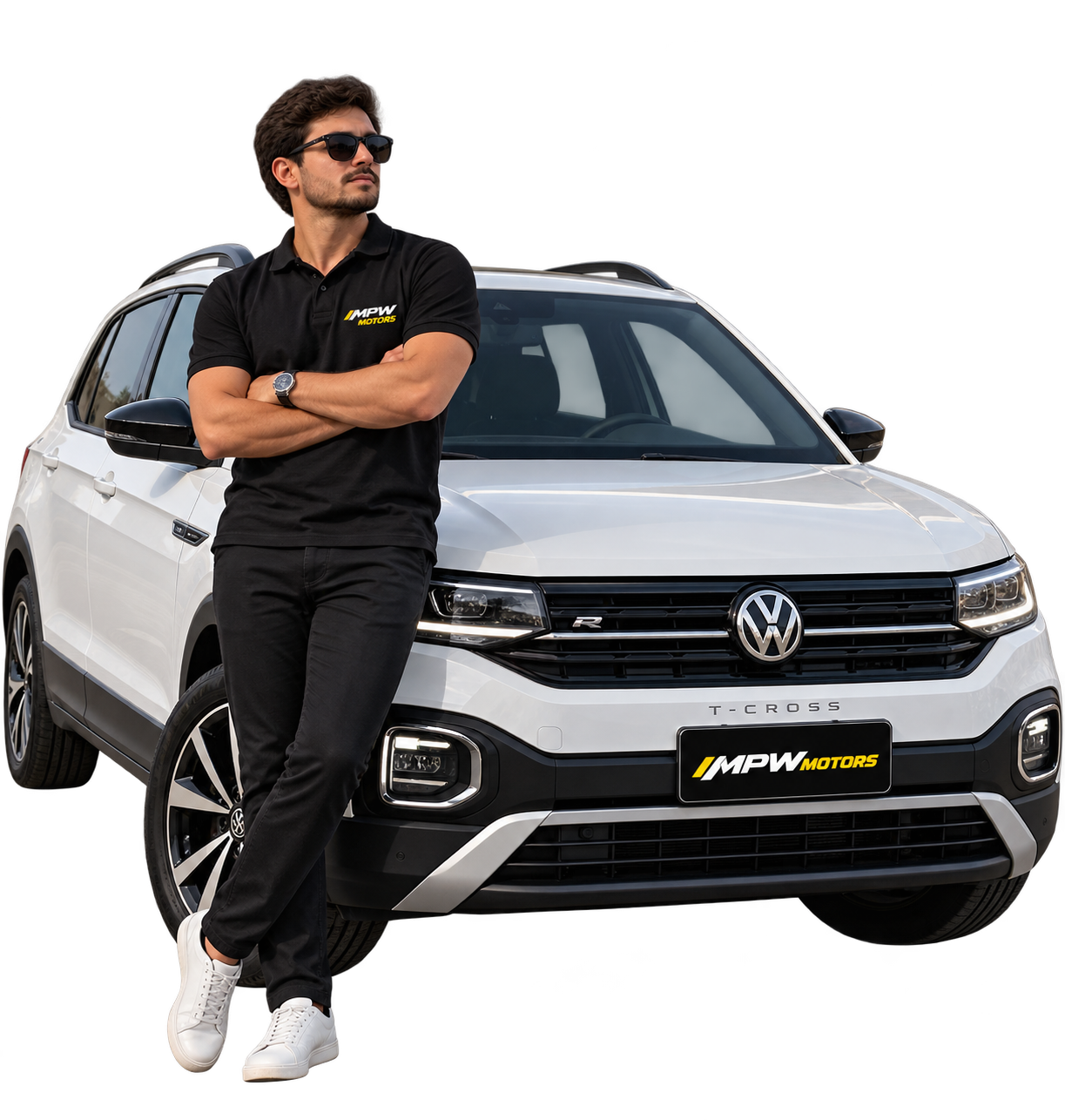 Especialista MPW Motors ao lado de um veículo vendido